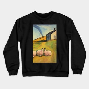 Colourful oil painting of a farm with sheep Crewneck Sweatshirt